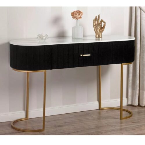 Consolle Scrivania Tavolo in Velluto, Metallo Dorato e Top Effetto Marmo – Stile Art Déco