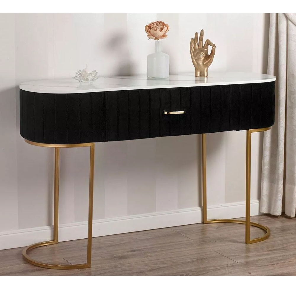 Consolle Scrivania Tavolo in Velluto, Metallo Dorato e Top Effetto Marmo – Stile Art Déco