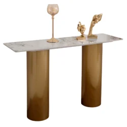 Consolle Miyara Japandi con Top in Ceramica Effetto Marmo Calacatta e Struttura Oro - immagine 3