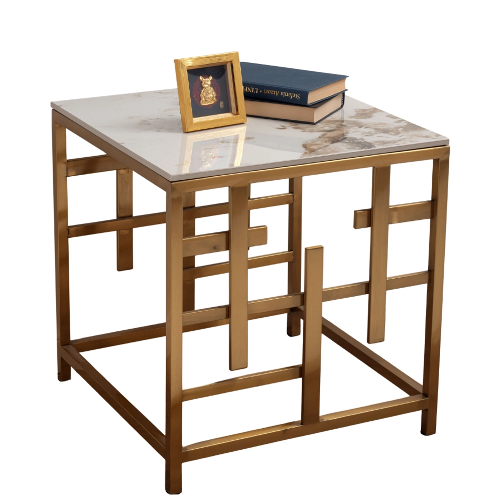 Tavolino Kansuro stile Japandi con top in ceramica effetto marmo Calacatta e struttura in metallo dorato – Collezione Sabi - immagine 4
