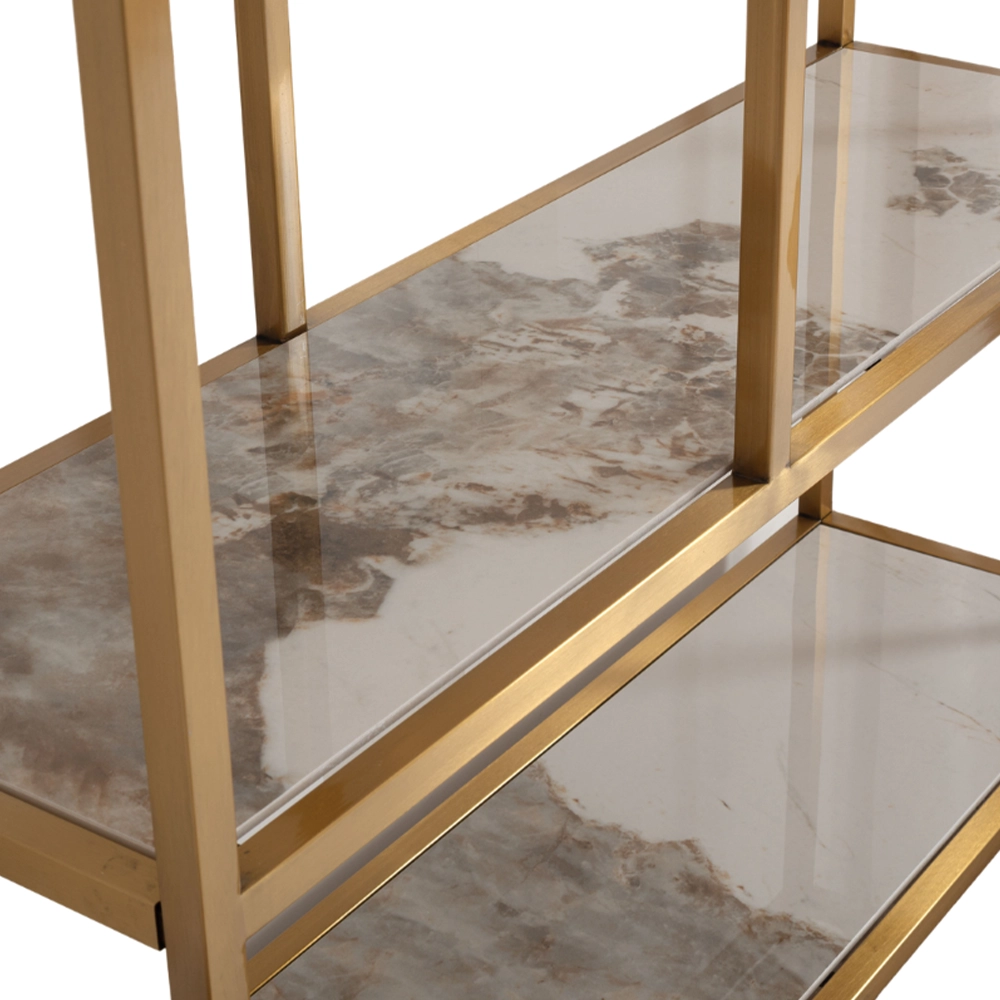 Libreria espositore Vetrina con Ripiani in Ceramica Effetto Marmo Calacatta e Struttura Oro - immagine 4