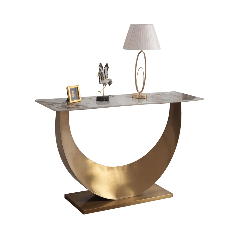Consolle Luneya Japandi con Top in Ceramica Effetto Marmo Calacatta e Struttura Oro - immagine 2