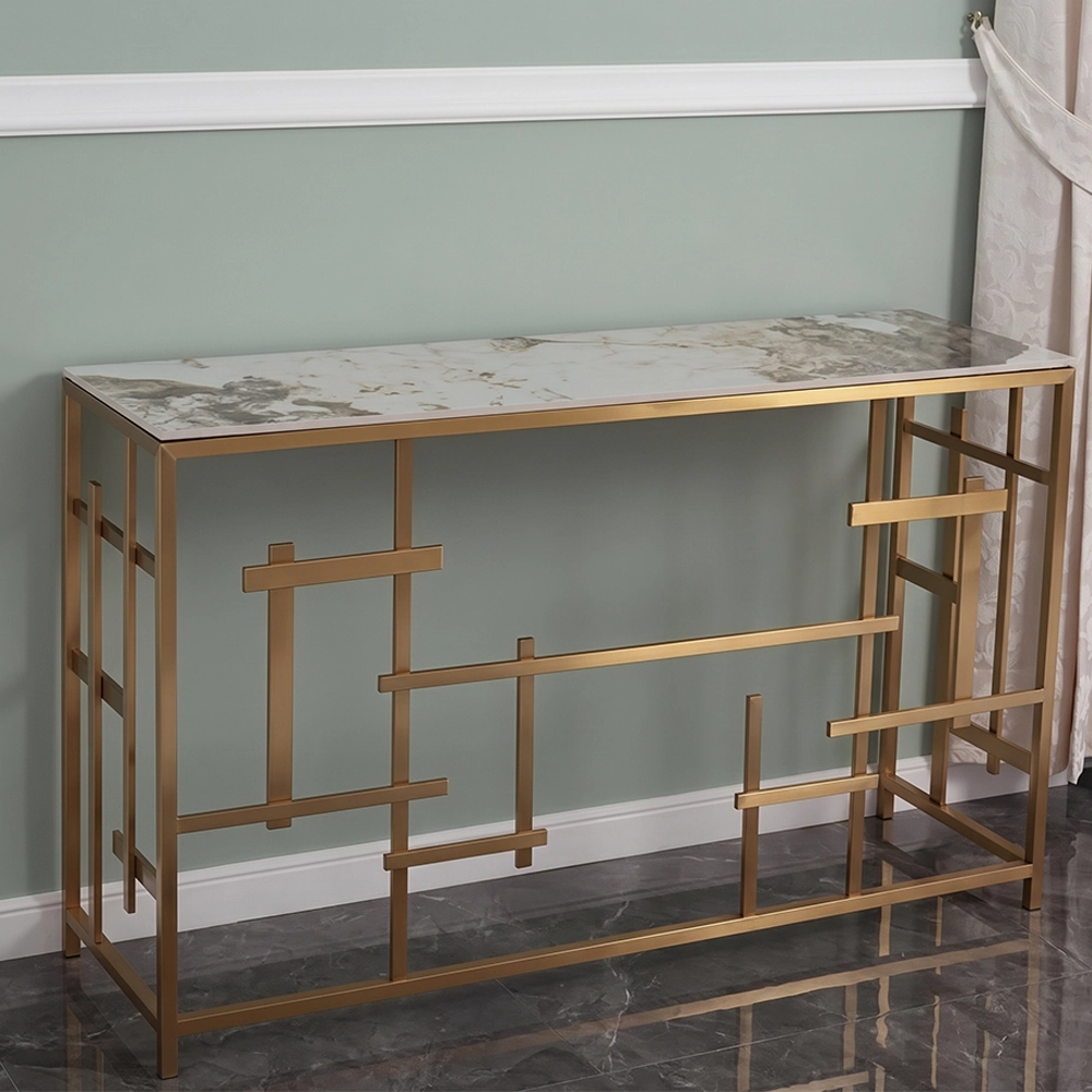 Consolle Nayumi stile Japandi con top in ceramica beige effetto marmo Calacatta e struttura in metallo dorato