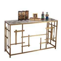 Alternative view of Consolle Nayumi stile Japandi con top in ceramica effetto marmo Calacatta e struttura in metallo dorato – Collezione Sabi
