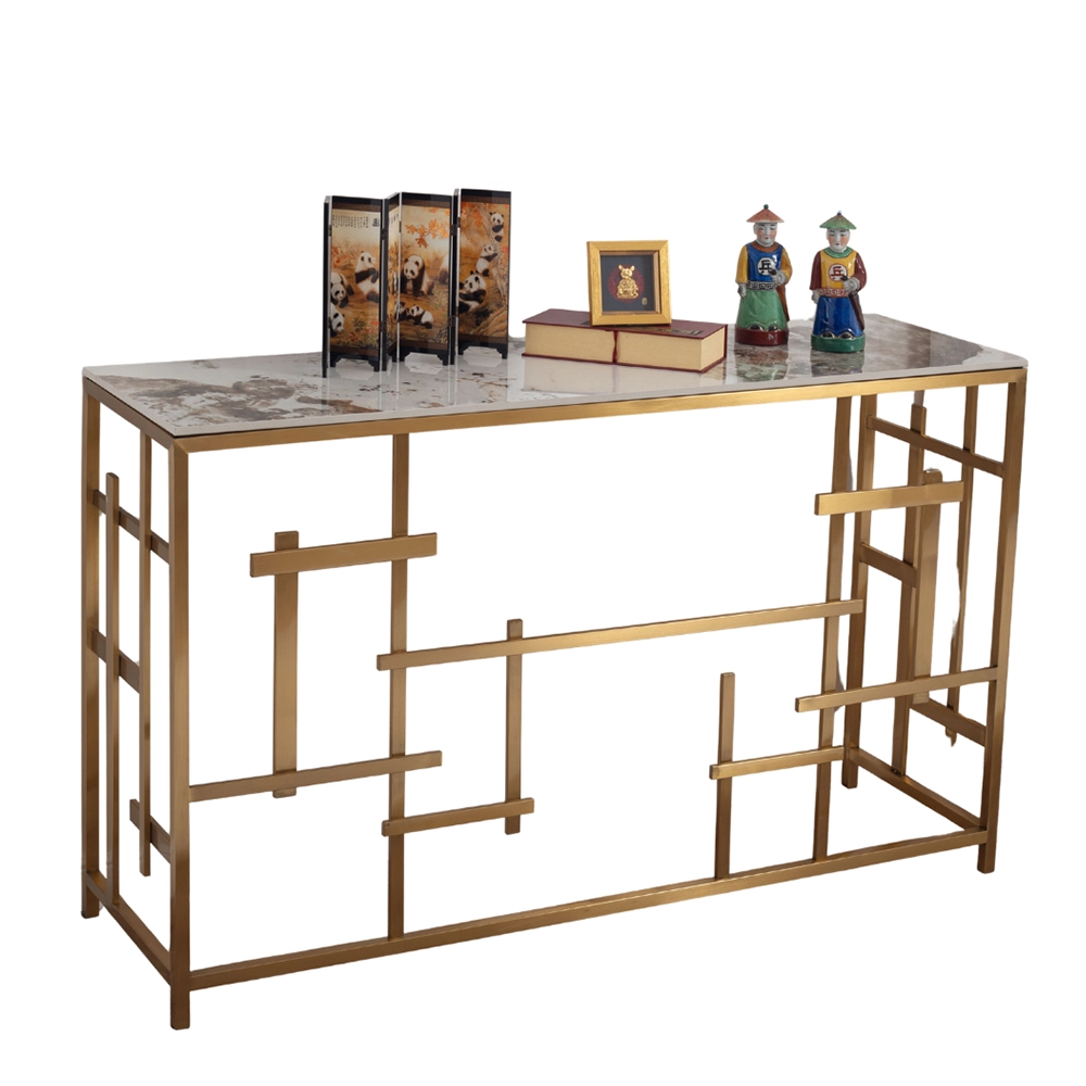 Consolle Nayumi stile Japandi con top in ceramica effetto marmo Calacatta e struttura in metallo dorato – Collezione Sabi - immagine 2