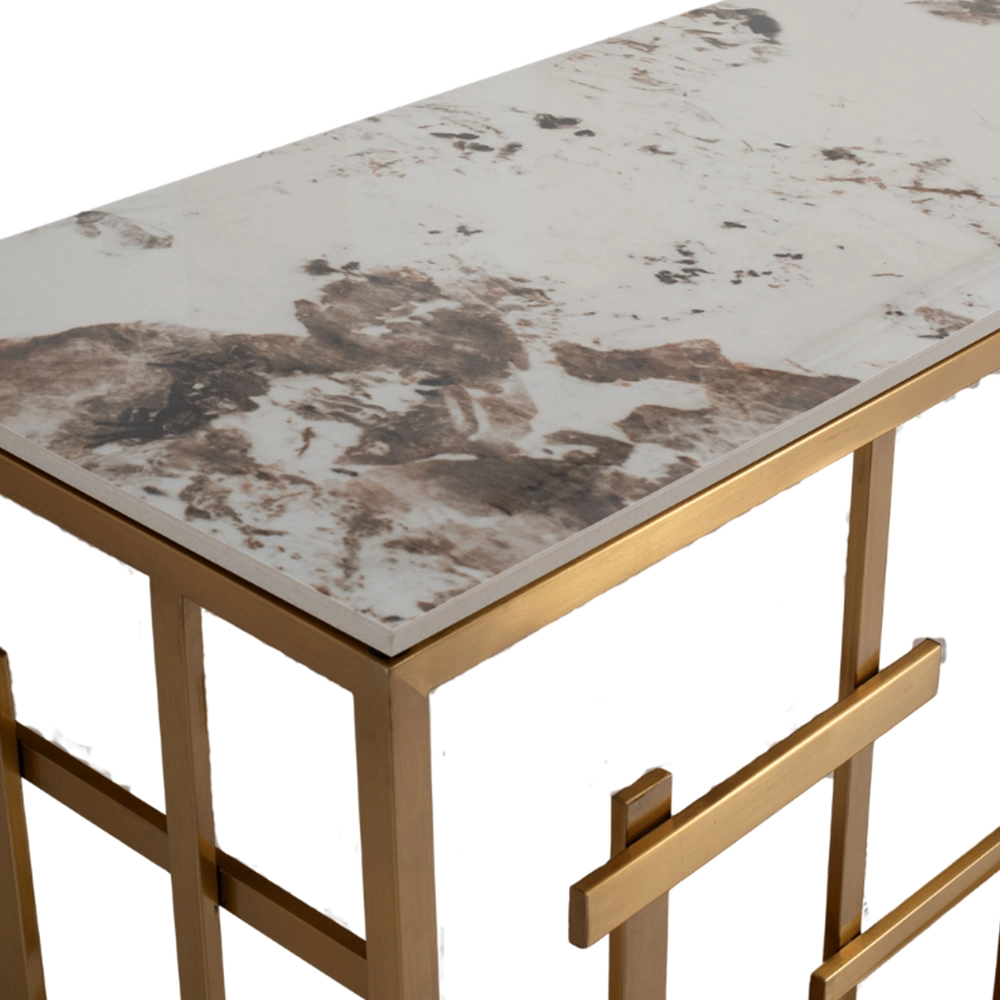 Consolle Nayumi stile Japandi con top in ceramica effetto marmo Calacatta e struttura in metallo dorato – Collezione Sabi - immagine 4