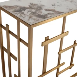 Consolle Nayumi stile Japandi con top in ceramica effetto marmo Calacatta e struttura in metallo dorato – Collezione Sabi - immagine 3