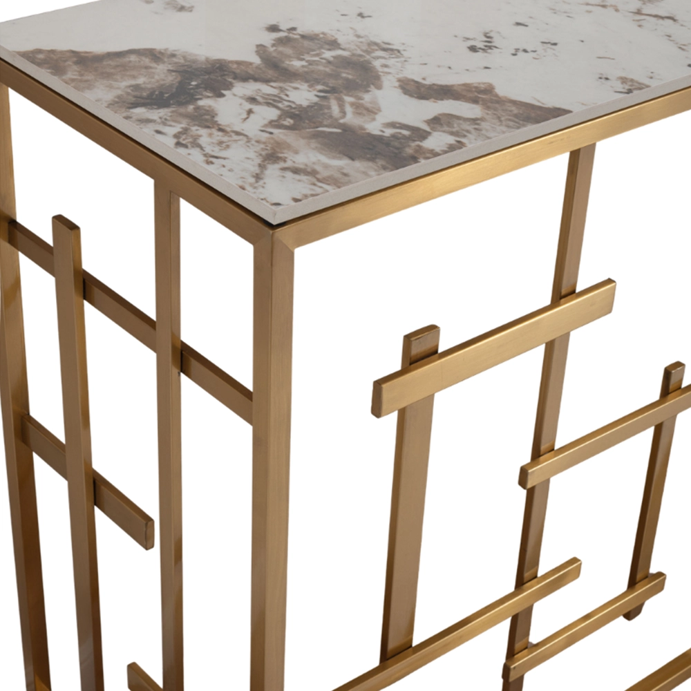 Consolle Nayumi stile Japandi con top in ceramica effetto marmo Calacatta e struttura in metallo dorato – Collezione Sabi - immagine 3