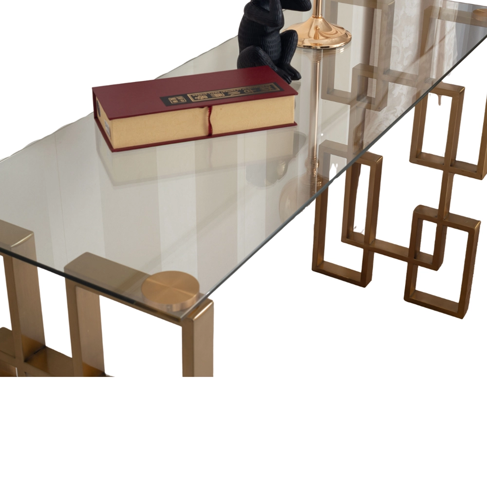 Consolle Sorika stile Japandi con top in ceramica effetto marmo Calacatta e struttura in metallo dorato - immagine 3
