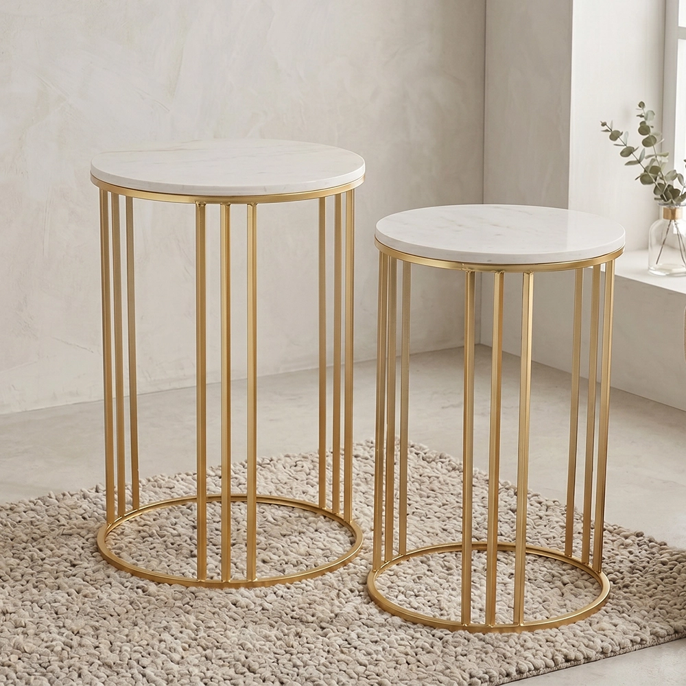 Set 2 Tavolini Jerome in Marmo Bianco Stile Art Déco con Struttura Oro – Coppia Portaoggetti