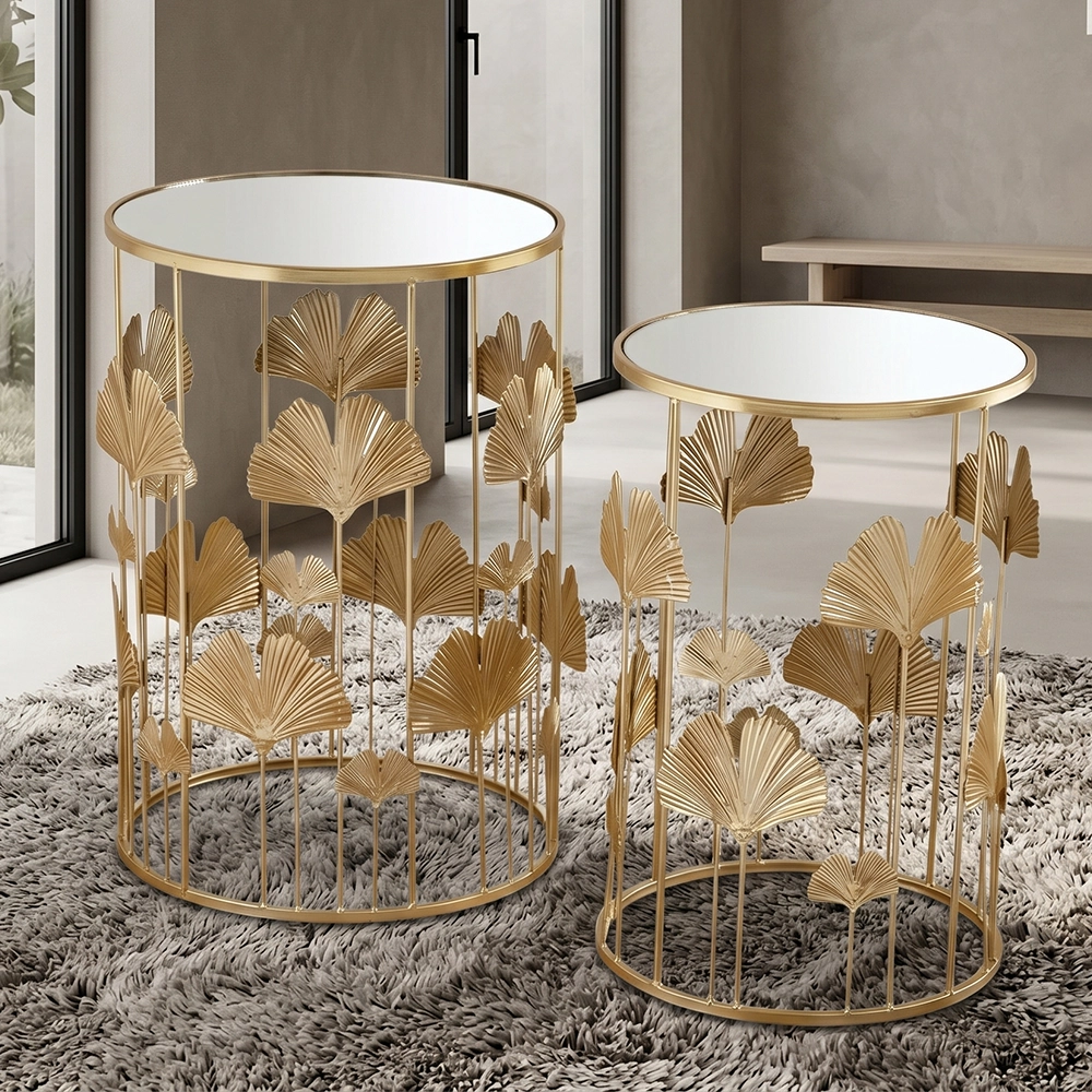 Set 2 da Tavolini rotondi Antoine in Vetro Specchiato Stile Art Déco con Struttura Oro – Coppia Portaoggetti Eleganti