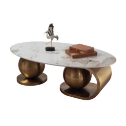 Tavolino da Salotto Mitsaro Japandi con Top in Ceramica Effetto Marmo Calacatta e Struttura Oro - immagine 4