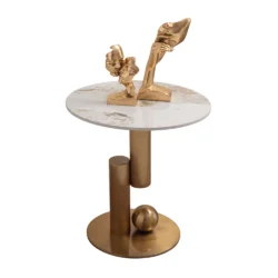 Tavolino da Salotto Rinako Japandi con Top in Ceramica Effetto Marmo Calacatta e Struttura Oro - immagine 3