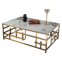Alternative view of Tavolino Tayoko stile Japandi con top in ceramica effetto marmo Calacatta e struttura in metallo dorato – Collezione Sabi