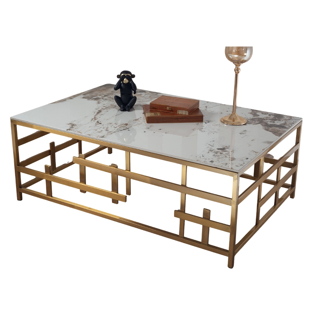 Tavolino Tayoko stile Japandi con top in ceramica effetto marmo Calacatta e struttura in metallo dorato – Collezione Sabi - immagine 2