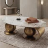 Tavolino design centro Salotto Mitsaro Japandi con Top in Ceramica Effetto Marmo Calacatta e Struttura Oro