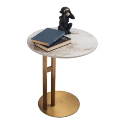 Tavolino Neriko stile Japandi con top in ceramica beige effetto marmo Calacatta e struttura in metallo dorato - immagine 3