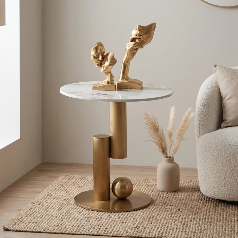 tavolino rotondo da Salotto Rinako Japandi con Top in Ceramica Effetto Marmo Calacatta e Struttura Oro