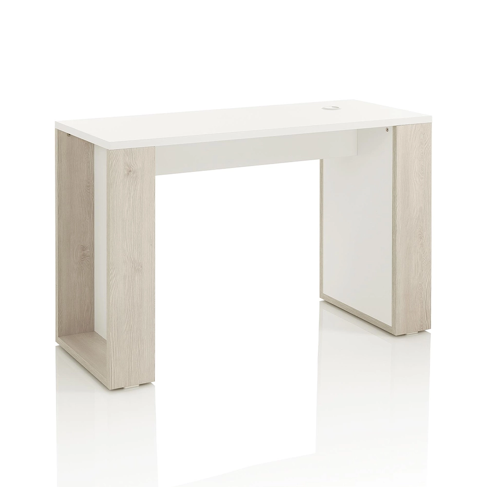 Tavolo Manicure Doppia Postazione Professionale con Scaffale Centrale Spazio Doppio in Larice Naturale e Laminato Bianco XaniPro - immagine 3