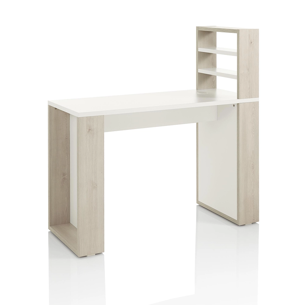 Tavolo Manicure Doppia Postazione Professionale con Scaffale Centrale Spazio Doppio in Larice Naturale e Laminato Bianco XaniPro - immagine 2