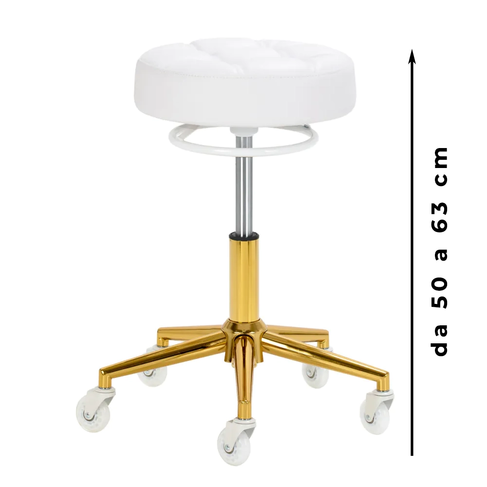 Sgabello per Estetista con Ruote Regolabile Bianco Oro o Nero Oro per pedicure H 50 cm - immagine 4