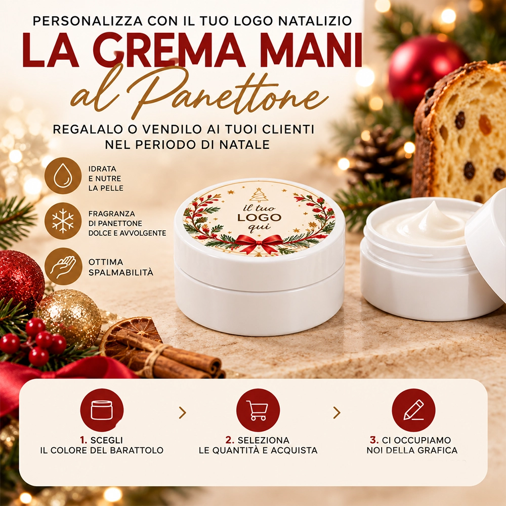 crema mani panettone personalizzata con il tuo logo barattolo bianco