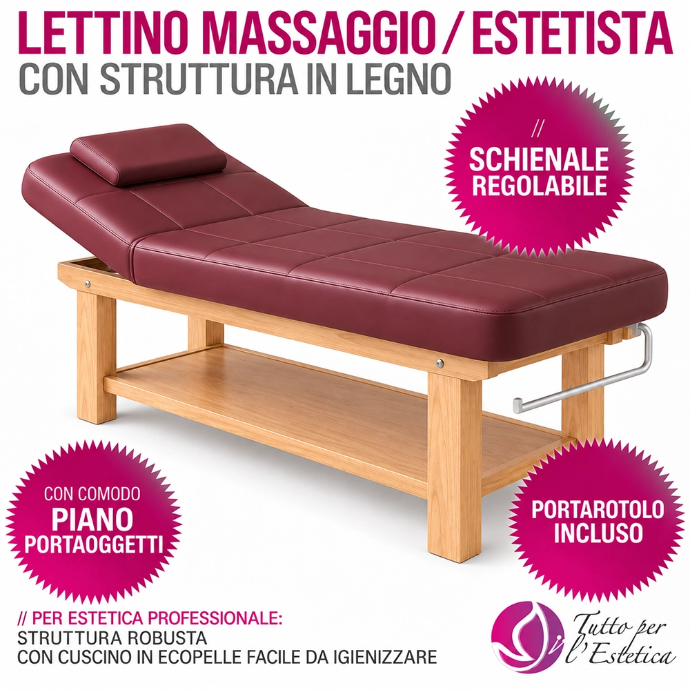 lettino da massaggio professionale in legno con ripiano bordeaux