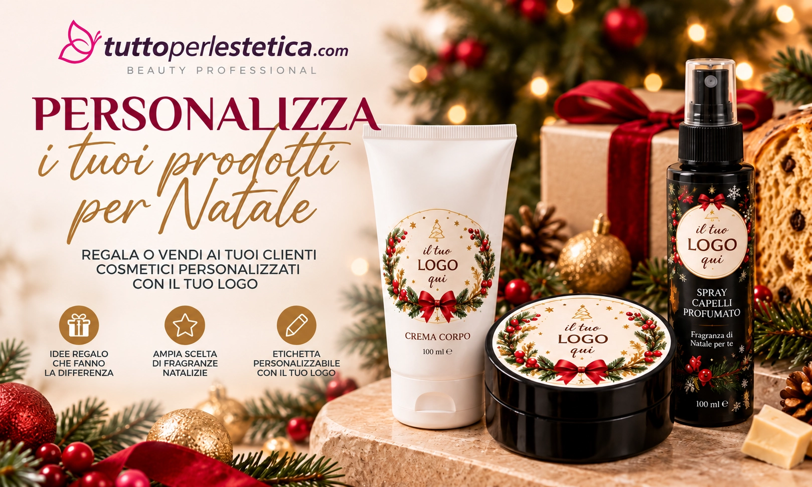 Cosmetici personalizzati per Natale con il tuo logo
