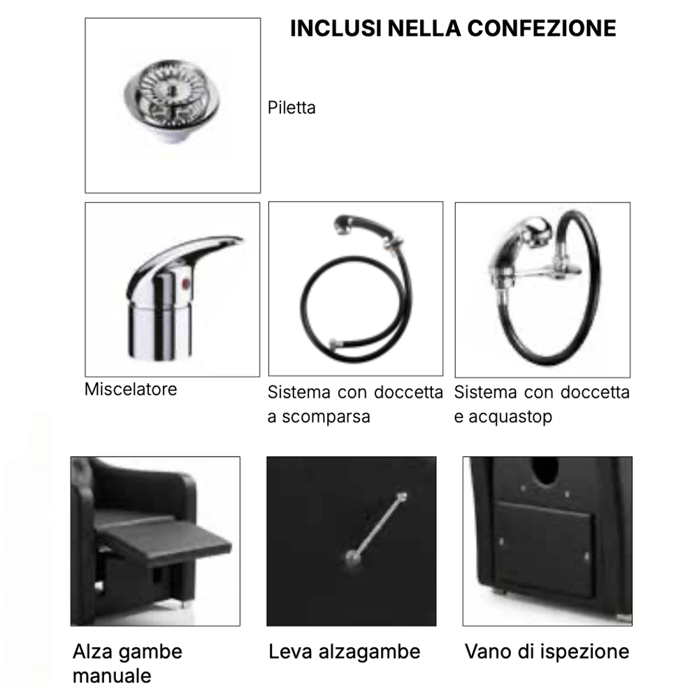 Poltrona Lavatesta Parrucchiere Professionale Chester con Poggiagambe Regolabile – Ecopelle Nera Trapuntata - immagine 5